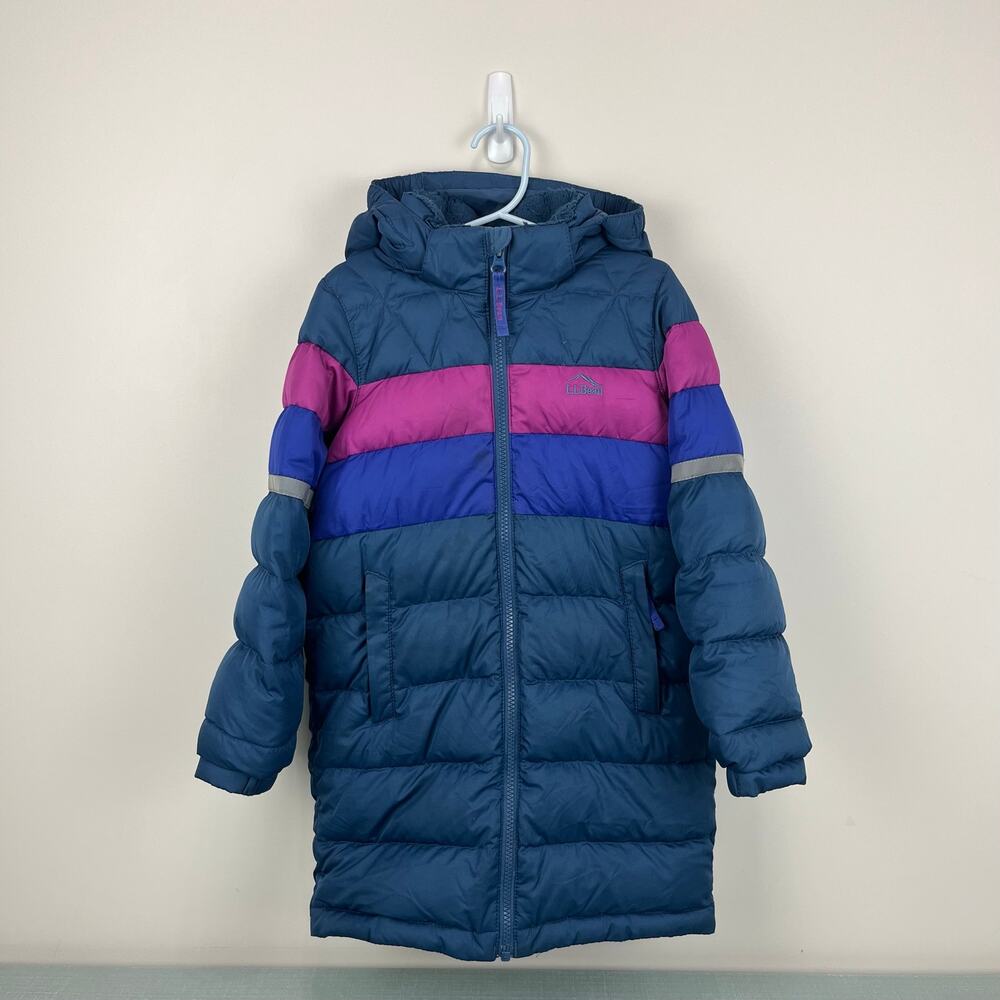 L.L. Bean Kids Long Down Jacket Colorblock Navy Berry M 5-6